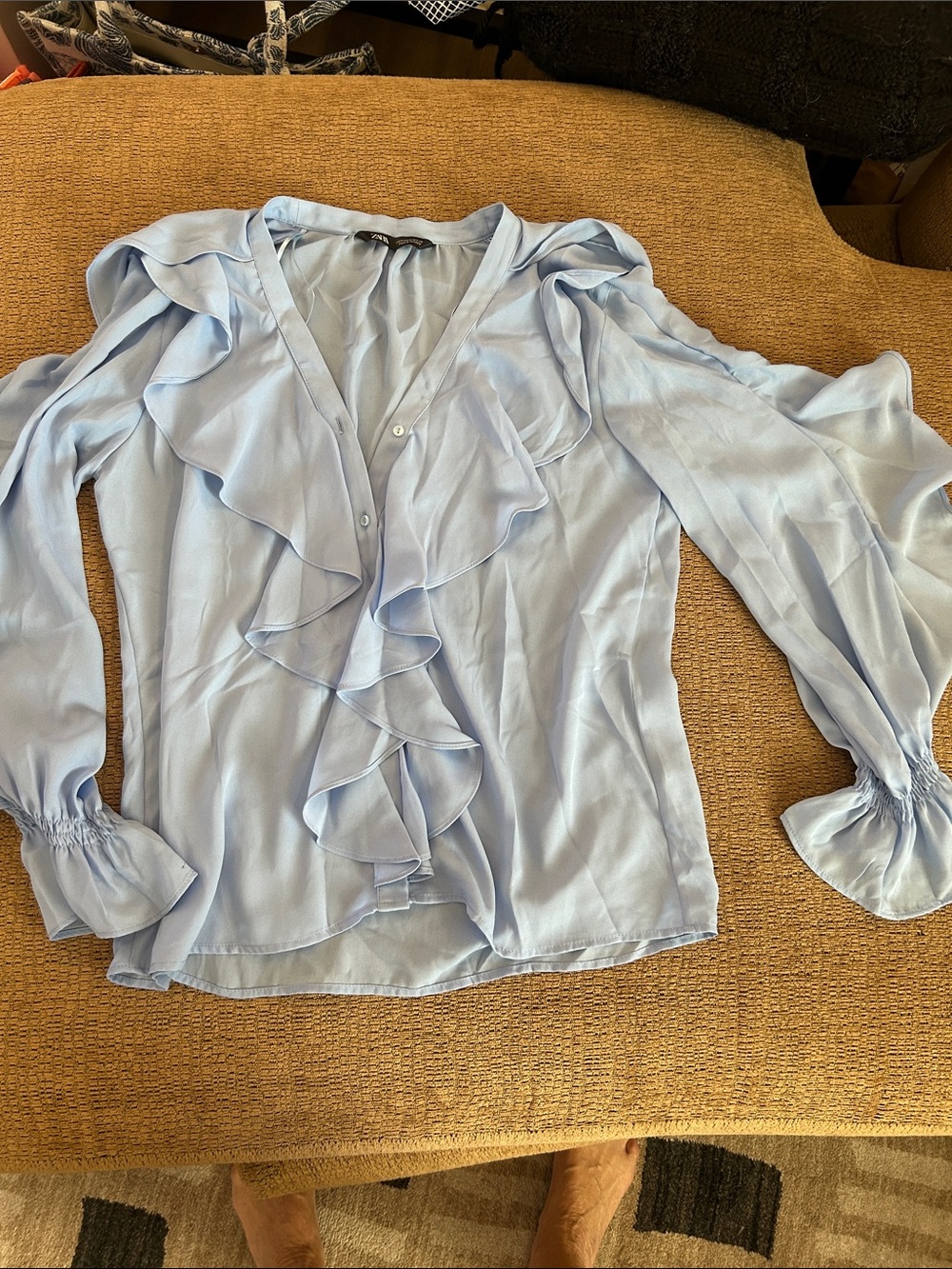 Light Blue Ruffled V-Neck Women's Blouse